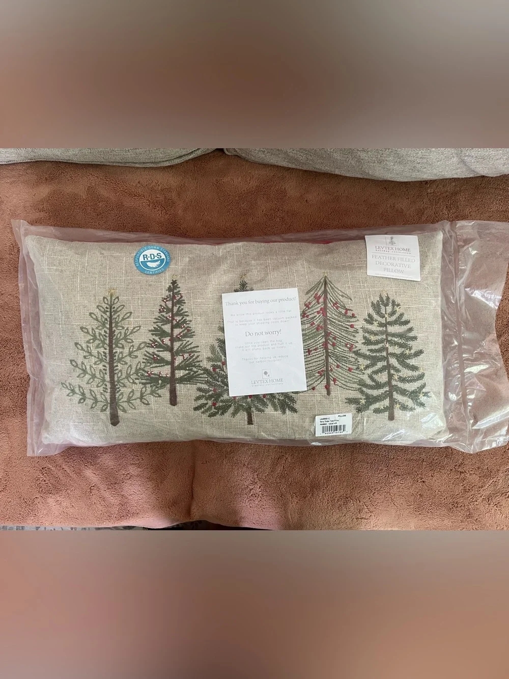 Levtex Beige Holiday Tree Embroidered Lumbar Pillow with Green and Red Accents